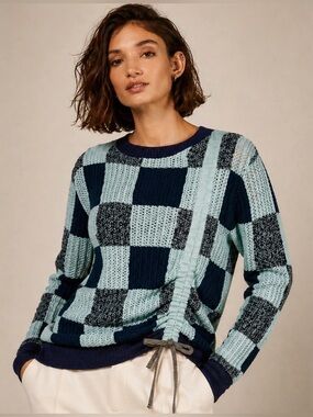 Ted Baker Emmalou Check Knit Ruched Knit Sweater Size 1 Navy Sage Green